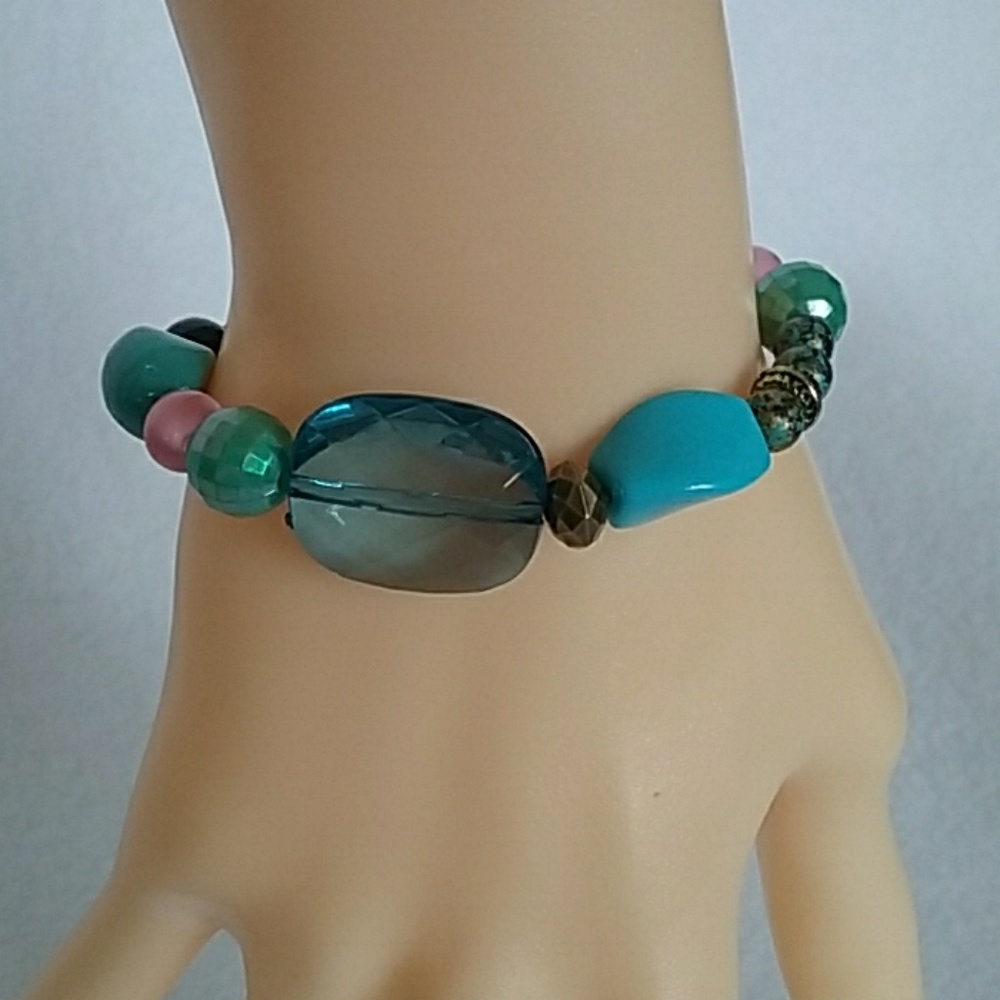 Blue, green, and pink beaded stretch bracelet